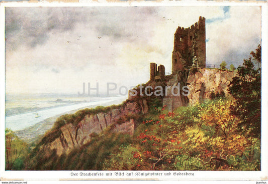 illustration by H. Hoffmann - Der Drachenfels mit Blick auf Konigswinter und Godesberg - Germany - used - JH Postcards