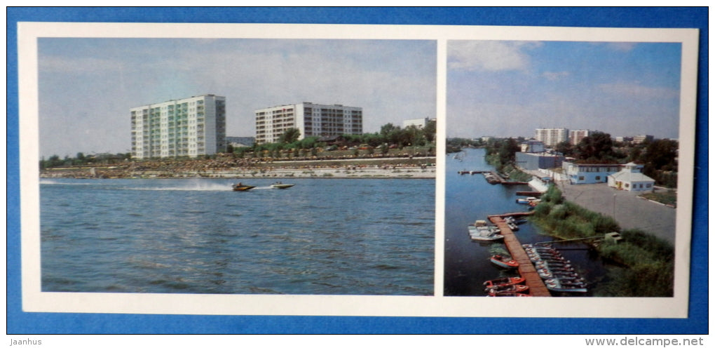 Tobol river embankment - boat Harbour - race motor boats - Kurgan - Zauralie - 1982 - Russia USSR - unused - JH Postcards