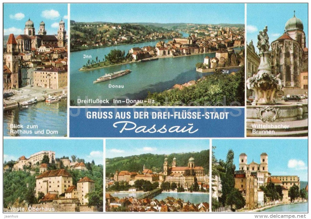 Gruss aus Dreiflüssestadt Passau - Rathaus und Dom - Wittelbascher Brunnen - Oberhaus - Germany - nicht gelaufen - JH Postcards