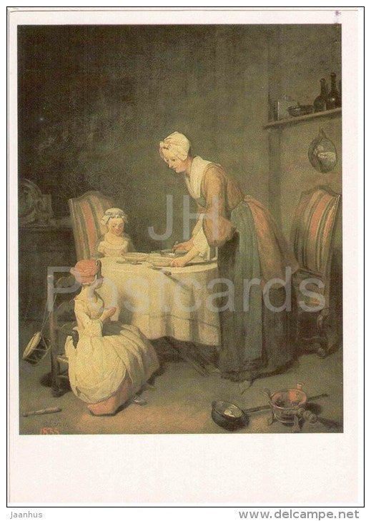 painting by Jean-Baptiste-Siméon Chardin - Prayer before Dinner - children - mother - french art - unused - JH Postcards