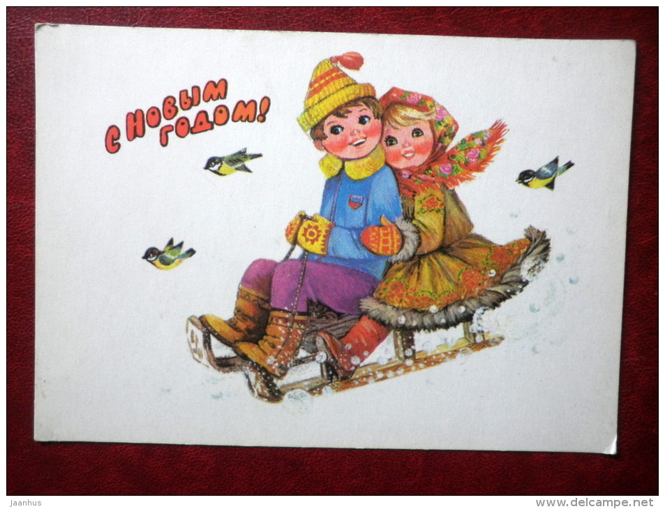 New Year Greeting card - illustration by L. Manilova - boy and girl sledging - tit - birds - 1978 - Russia USSR - used - JH Postcards