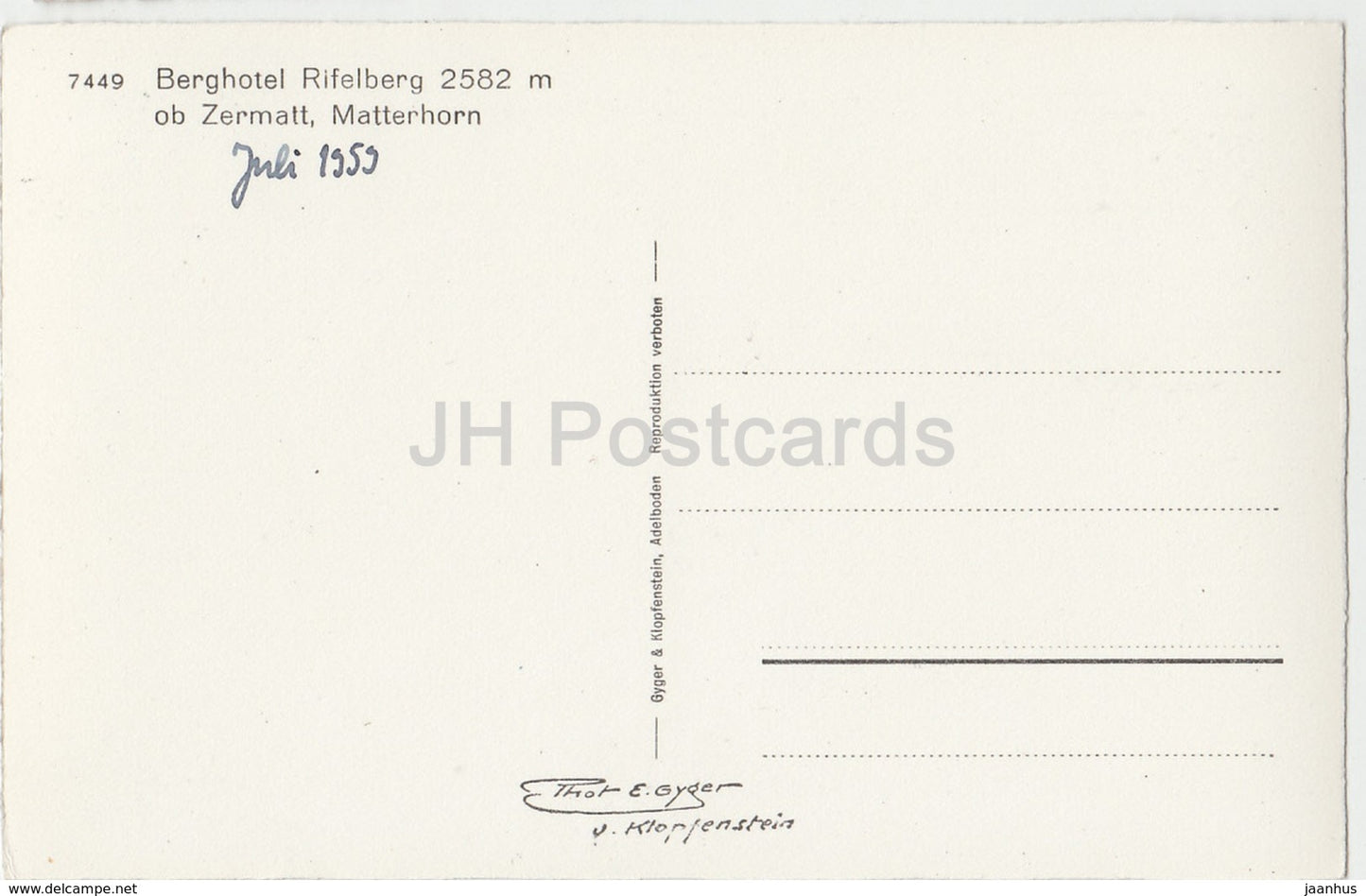 Berghotel Rifelberg 2582 m ob Zermatt - Matterhorn - 7449 - Switzerland - 1959 - used