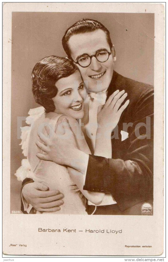 Barbara Kent and Harold Lloyd - movie actor , actress - Ross verlag - 5608/1 - circulated in Estonia Kuressaare 1933 - JH Postcards