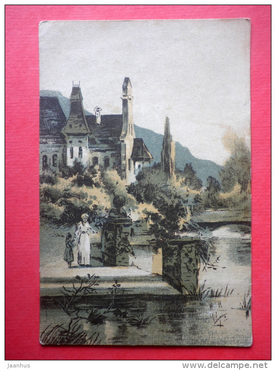 illustration - castle - mother and girl - pond - TK - circulated in Latvia 1952 - JH Postcards