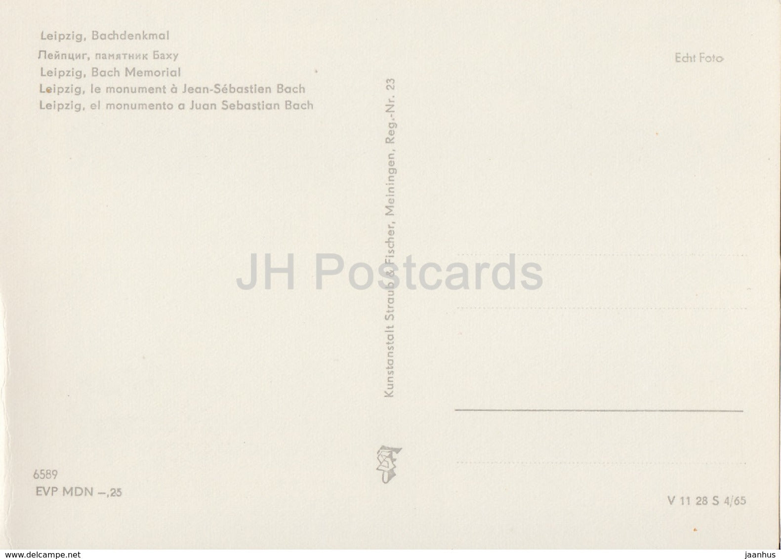 Leipzig - monument to composer Johann Sebastian Bach - REISEBÜRO - 1964 - DDR - Germany - unused - JH Postcards