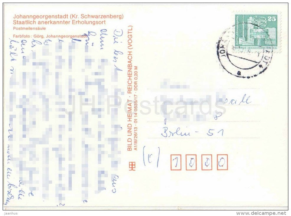 Johanngeorgenstadt , Schwarzenberg - Posmeilensäule - Germany - gelaufen - JH Postcards