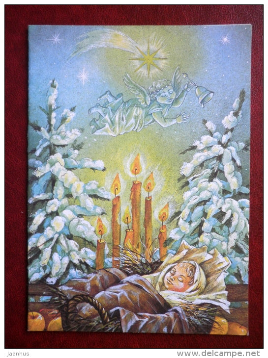 New Year mini Greeting card - illustration by Vera Stanishevskaya - baby - cradle - angel - 1990 - Estonia USSR - used - JH Postcards