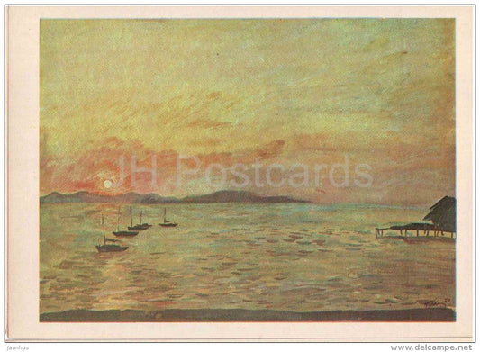 paintings by Plakhov and Alekseyev - Golden Sunset in Moresby - sailing boat - Pacific - 1979 - Russia USSR - unused - JH Postcards