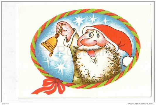 New Year Mini Greeting card by Ü. Meister - dwarf - bell - 1988 - Estonia USSR - unused - JH Postcards