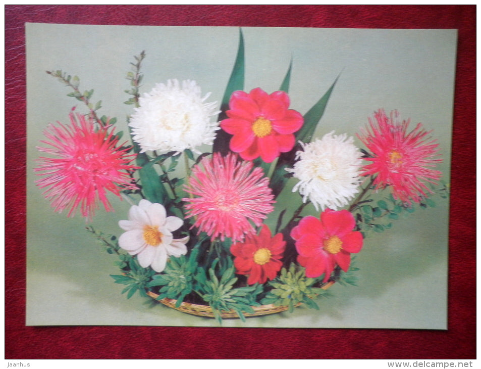 white and red flowers - flowers - 1983 - Russia USSR - unused - JH Postcards