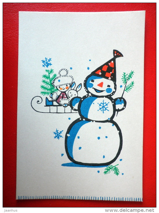 illustration by A. Skliutaskaite - Happy New Year! - snowman - sledge - Ambers - 1967 - Russia USSR - unused - JH Postcards