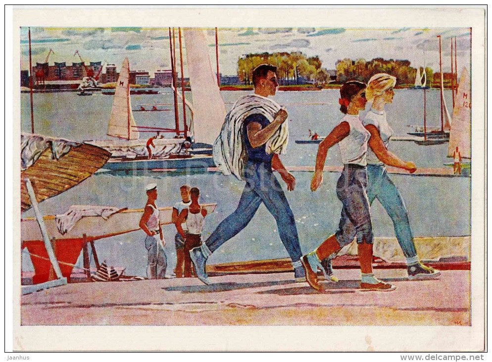 painting by N. Lomakin - Spring in the yacht club , 1963 - sailing boat - russian art - unused - JH Postcards