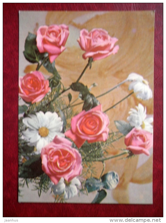 roses - daisies - flowers - 1970 - Russia USSR - used - JH Postcards