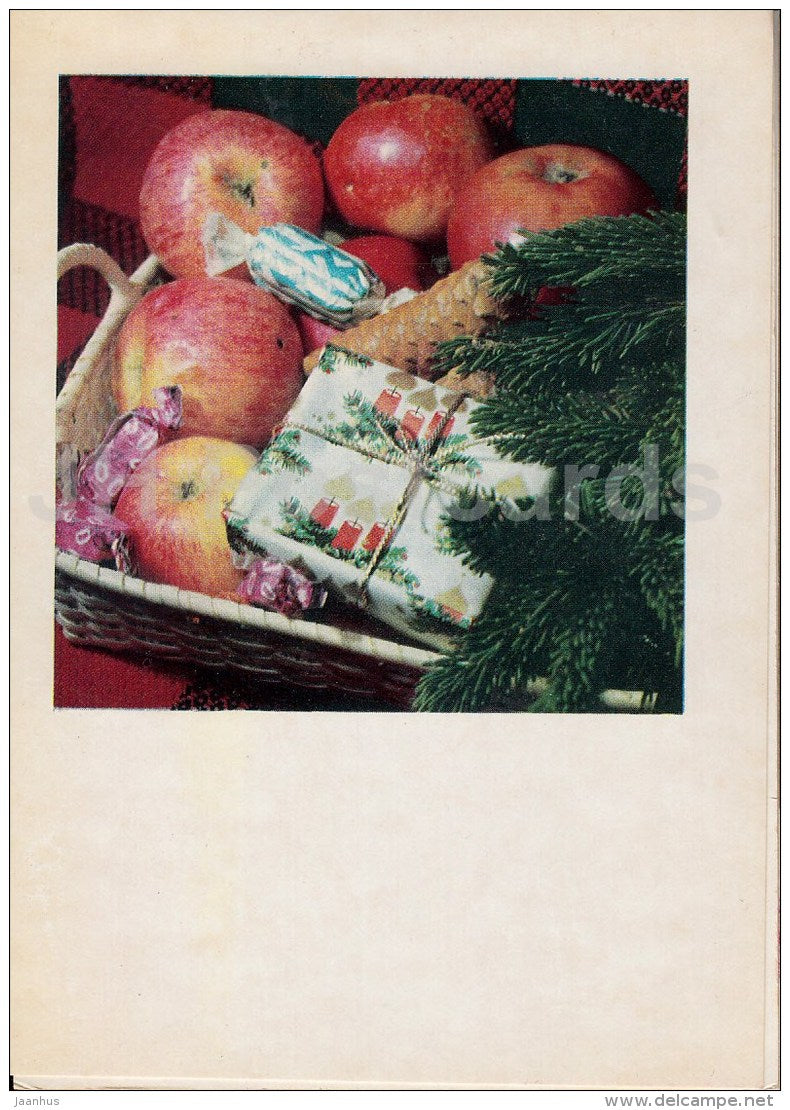 New Year Greeting Card - apples - gifts - cones - 1970 - Estonia USSR - used - JH Postcards