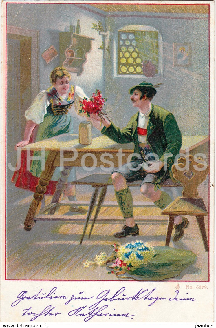 couple - womand and man - folk costumes - illustration - No 6879 - old postcard - used - JH Postcards