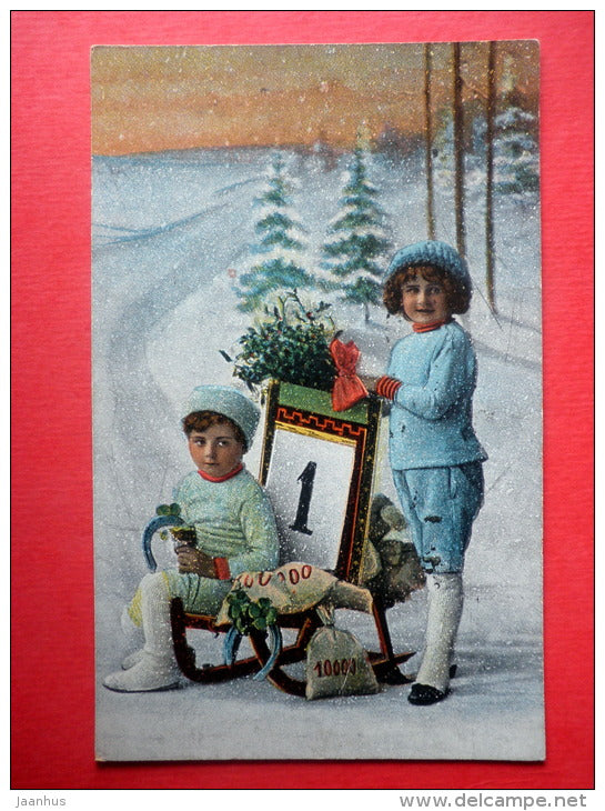 new year greeting card - children - sledge - winter - 388 - circulated in Estonia Tallinn 1922 - JH Postcards