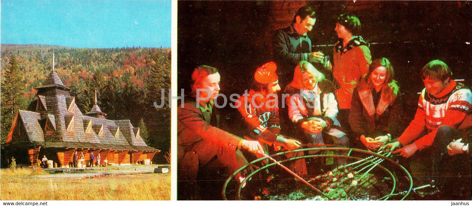 hut in Shandra - tourists in hut - Hutsul Region - 1980 - Ukraine USSR - unused - JH Postcards