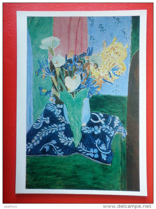 painting by Henri Matisse . Blue Vase with Flowers on a Blue Tablecloth - french art - unused - JH Postcards