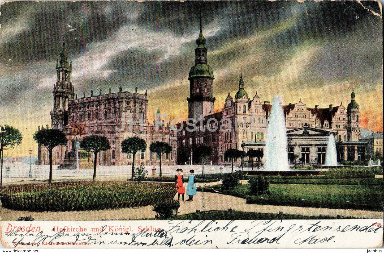 Dresden - Hofkirche und Konigl Schloss - church - castle - 1908 - old postcard - Germany - used - JH Postcards