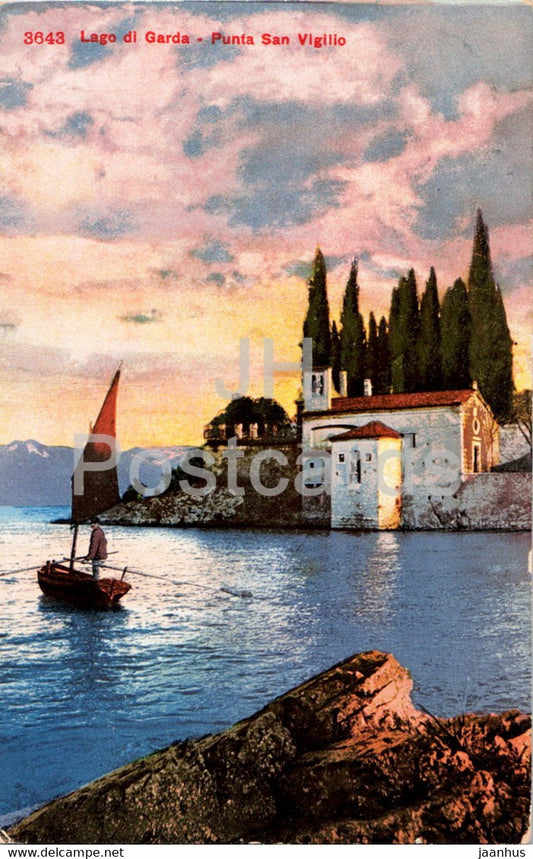 Lago di Garda - Punta San Vigilio - boat - 3643 - old postcard - 1909 - Italy - used - JH Postcards