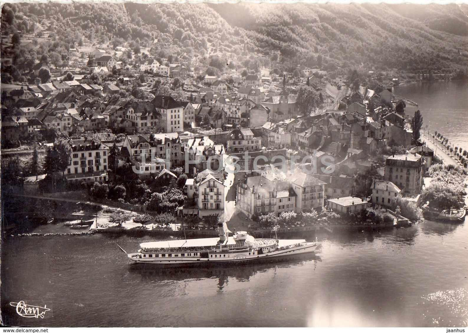 St Gingolph - Vue Aerienne - La Rue Frontiere - steamer Rhone - passenger ship - 1952 - France - used - JH Postcards