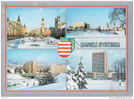 Banska Bystrica - SNP square - monument to SNP - hotel Lux - Czechoslovakia - Slovakia - used 1990 - JH Postcards