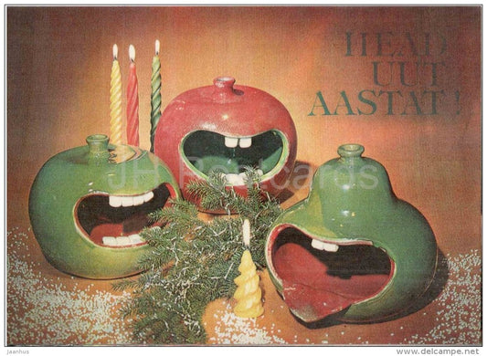 New Year Greeting card - ceramic faces - candles - 1981 - Estonia USSR - unused - JH Postcards