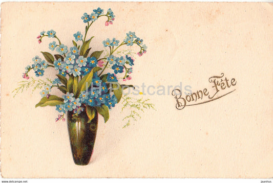 Birthday Greeting Card - Bonne Fete - blue flowers in a vase - EMKA -  illustration - old postcard - France - used - JH Postcards