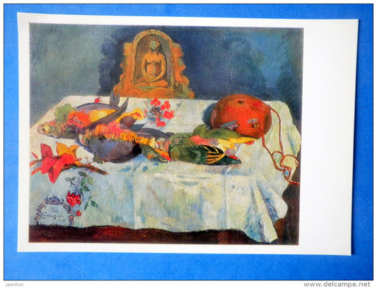 painting by Paul Gauguin - Still Life with Parrots , 1902 - Buddha - french art - unused - JH Postcards