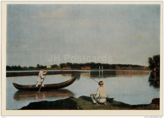 painting by G. Soroka - Fishermen , 1840s - boat - Russian art - 1974 - Russia USSR - unused - JH Postcards