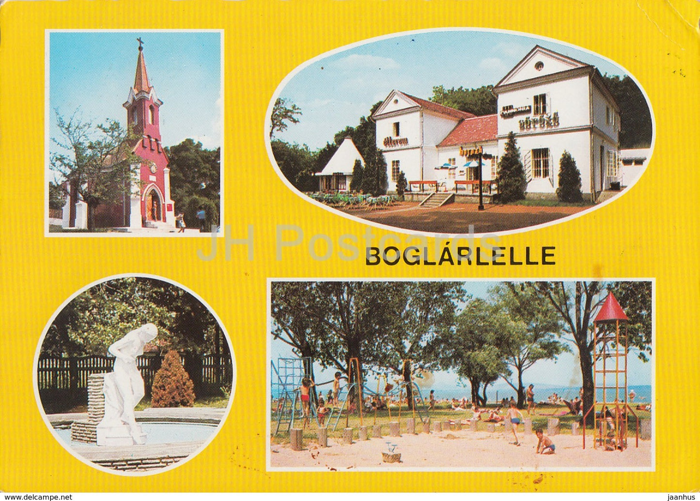 Boglarlelle - beach - sculpture - church - multiview - 1988 - Hungary - used - JH Postcards