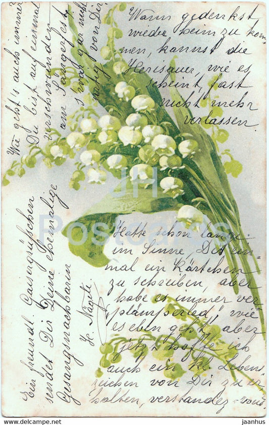 lily of the valley - flowers - illustration - G O M - old postcard - 1905 - used - JH Postcards