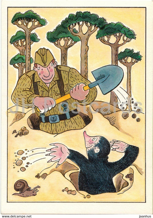 mole - soldier digging - snail - humour - DDR Germany - unused - JH Postcards