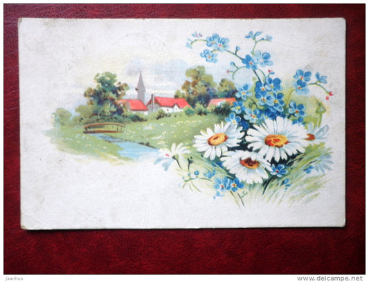 flowers - house - church - 3426 - old postcard - circulated in Estonia 1928 , Kuusalu - used - JH Postcards