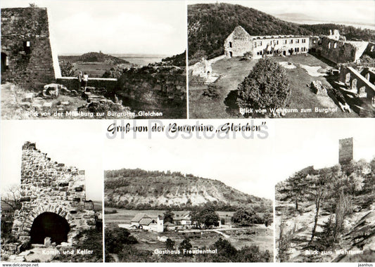 Gruss von der Burgruine Gleichen - Muhlburg - Gasthaus Freudenthal - old postcard - Germany DDR - unused - JH Postcards