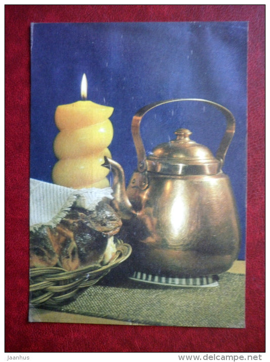 New Year Greeting card - teapot - candle - cake - 1970 - Estonia USSR - used - JH Postcards