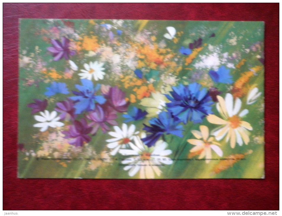 Greeting card - by N. Korobova - butterfly - daisies - cornflowers - 1984 - Russia USSR - used - JH Postcards