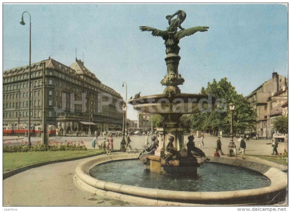 Bratislava - Hviezdoslav Square - tram - fountain - Czechoslovakia - Slovakia - used 1964 - JH Postcards