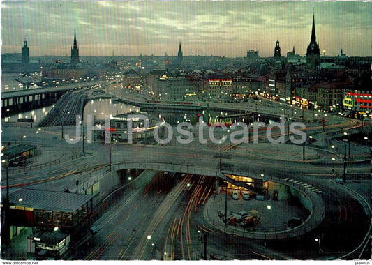 Stockholm - Slussen - nattbild - The Sluice - Traffic Circus by Night - 337 - Sweden - unused - JH Postcards