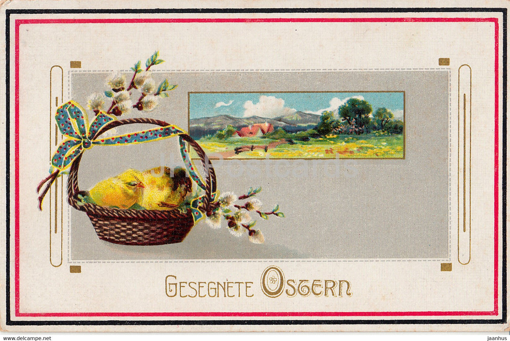 Easter Greeting Card - Gesegnete Ostern - chicken - KS - old postcard - Germany - used - JH Postcards