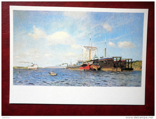 painting by Isaac Levitan , Fresh Breeze . Volga river , 1895 - sailing ship - russian art - unused - JH Postcards