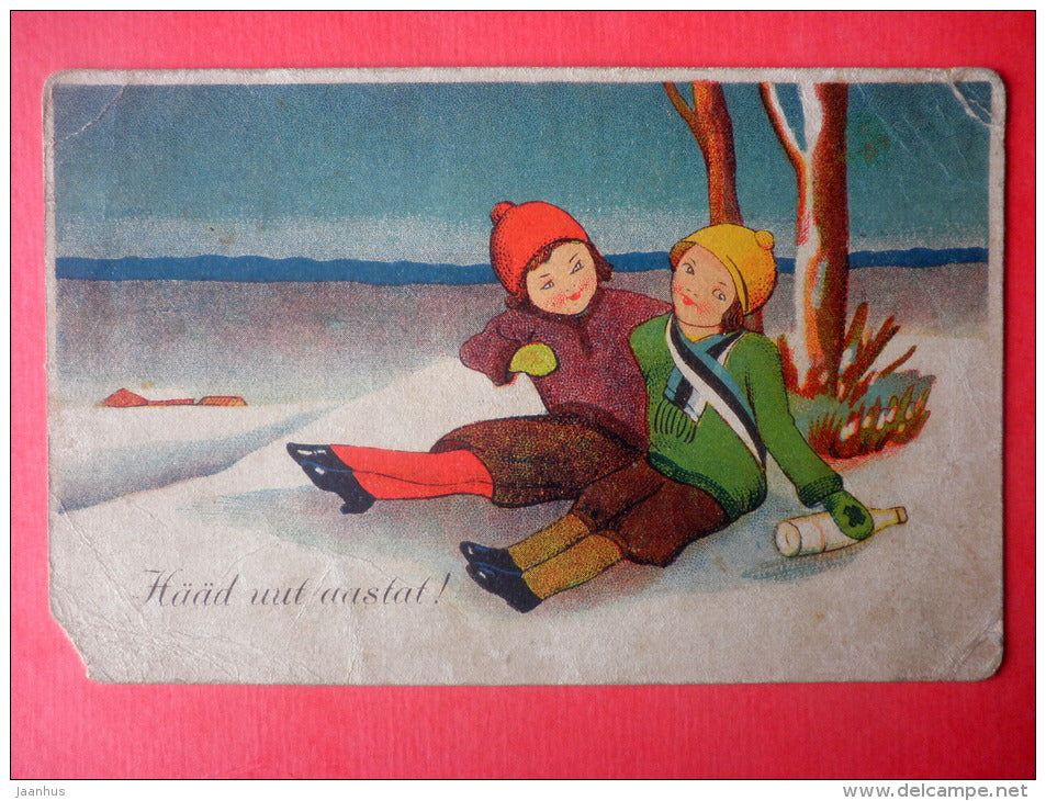 new year greeting card - children - winter - bottle - circulated in Estonia 1930s - JH Postcards