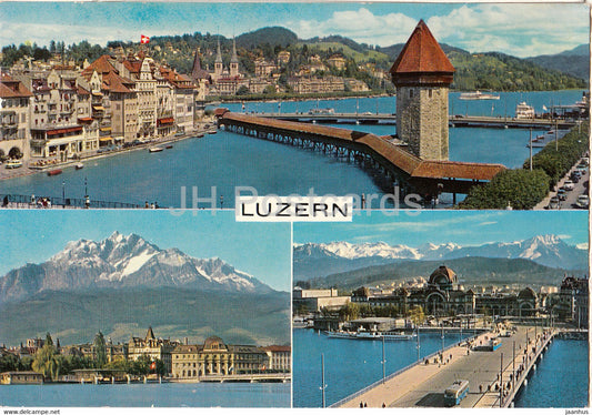 Luzern - Lucerne - Luzern mit Kapellbrucke - Pilatus - Seebrucke und Alpen - 1971 - Switzerland - used - JH Postcards