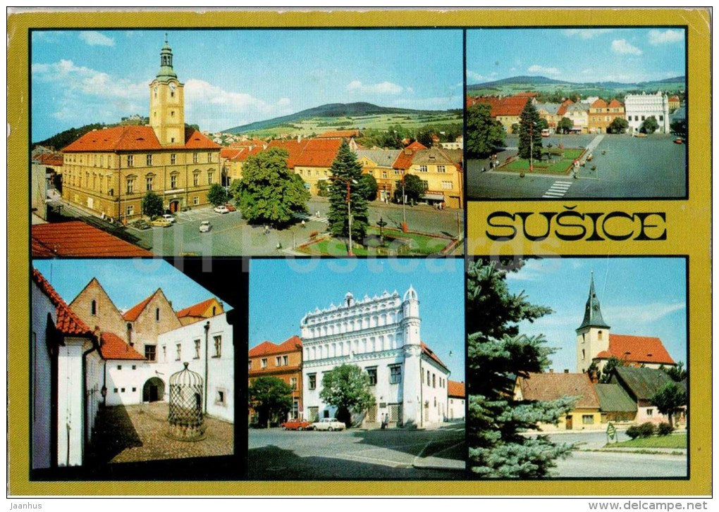 Susice - town views - town hal - architecture - Czechoslovakia - Czech - used 1978 - JH Postcards