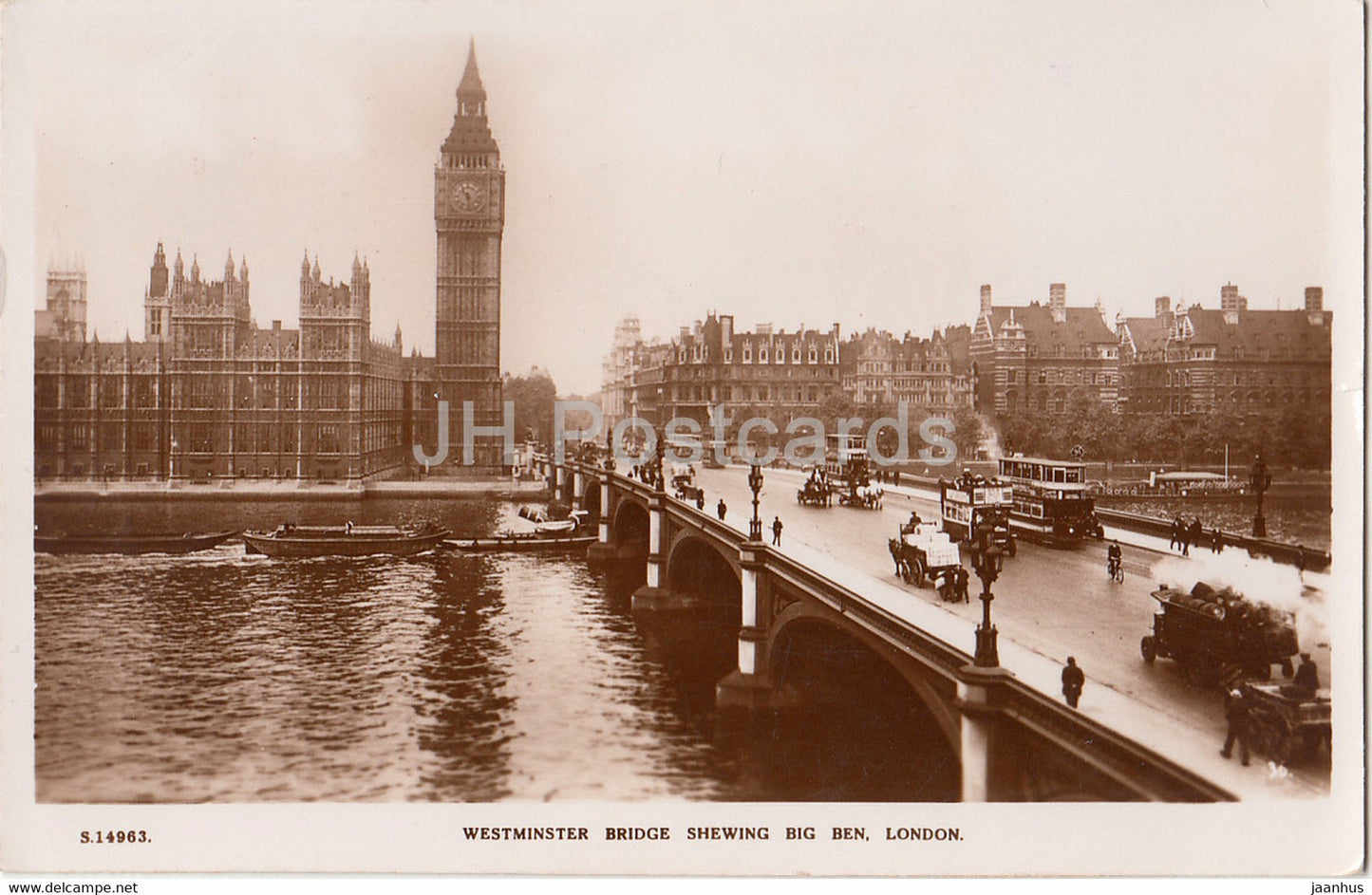 London - Westminster Bridge Shewing Big Ben - tram - bus - 14963 - old postcard - 1936 - England - United Kingdom - used - JH Postcards