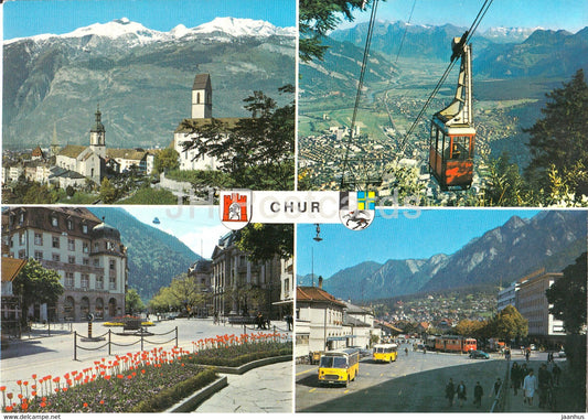 Chur - Hof mit Calanda - Postplatz - Luftseilbahn Brambruesch - Bahnhofplatz - cable car - Switzerland - unused - JH Postcards