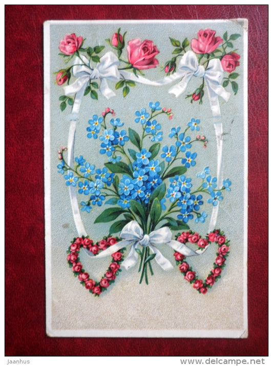 red roses - heart - hepatica - HMB SER 1956 - circulated in Estonia 1924 , Tartu - Germany - used - JH Postcards