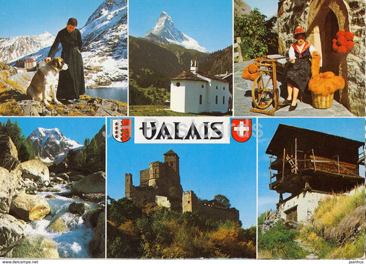 Valais - St Bernard dog - spinning wheel - folk costumes - multiview - 1986 - Switzerland - used - JH Postcards