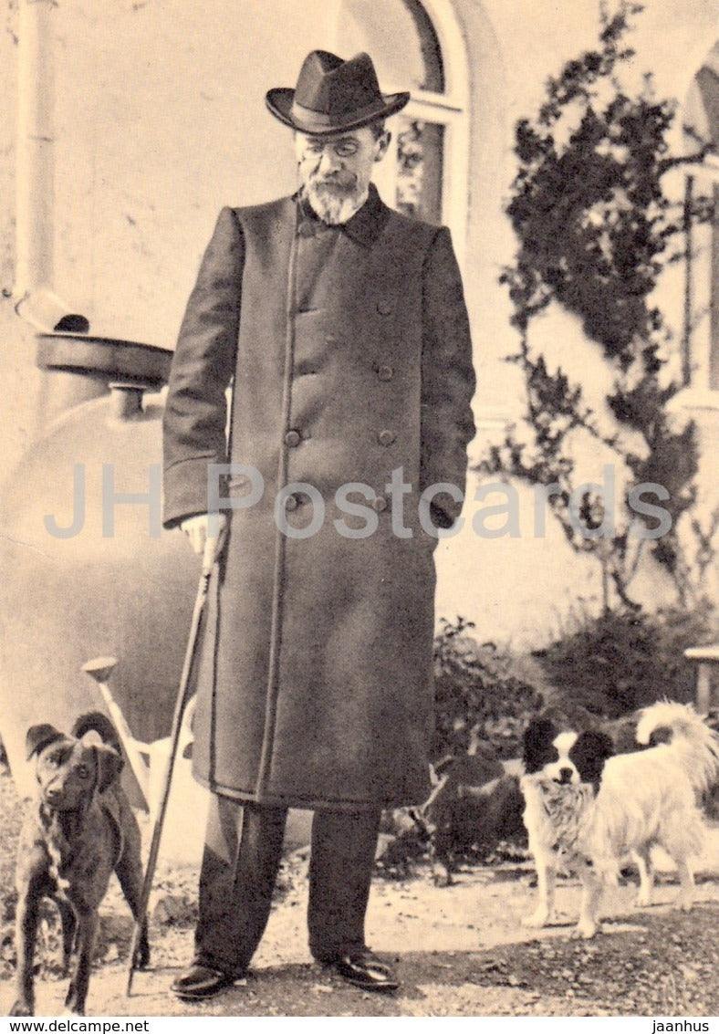 Russian Writer Anton Chekhov - With His dogs Tuzik and Kashtan at his house in Yalta 1904 - 1970 - Russia USSR - unused - JH Postcards