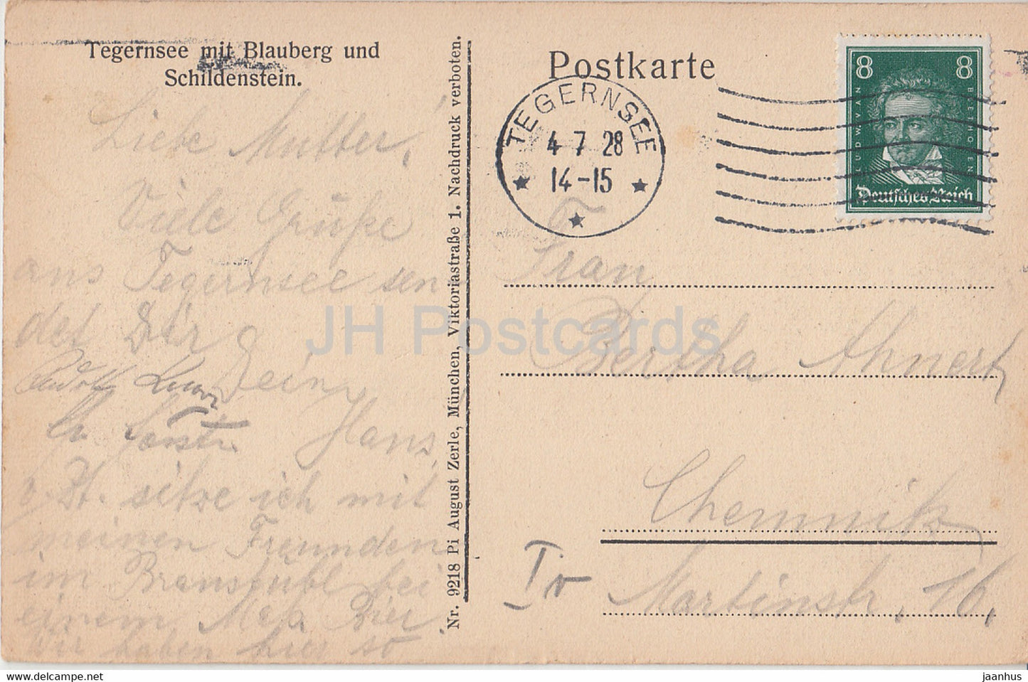 Tegernsee mit Schildenstein und Blauberg - 9218 - carte postale ancienne - 1928 - Allemagne - utilisé